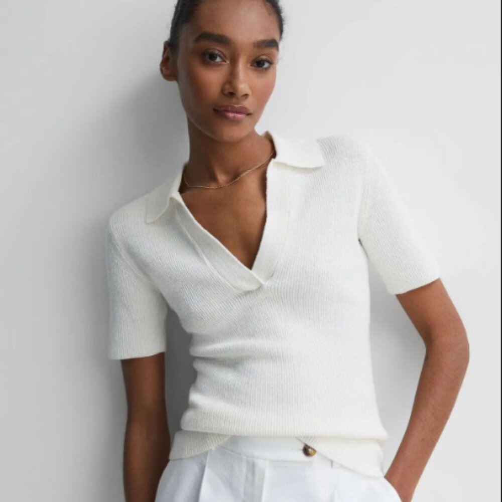 Reiss: Devin Linen Collared Knit Top White XS NWT